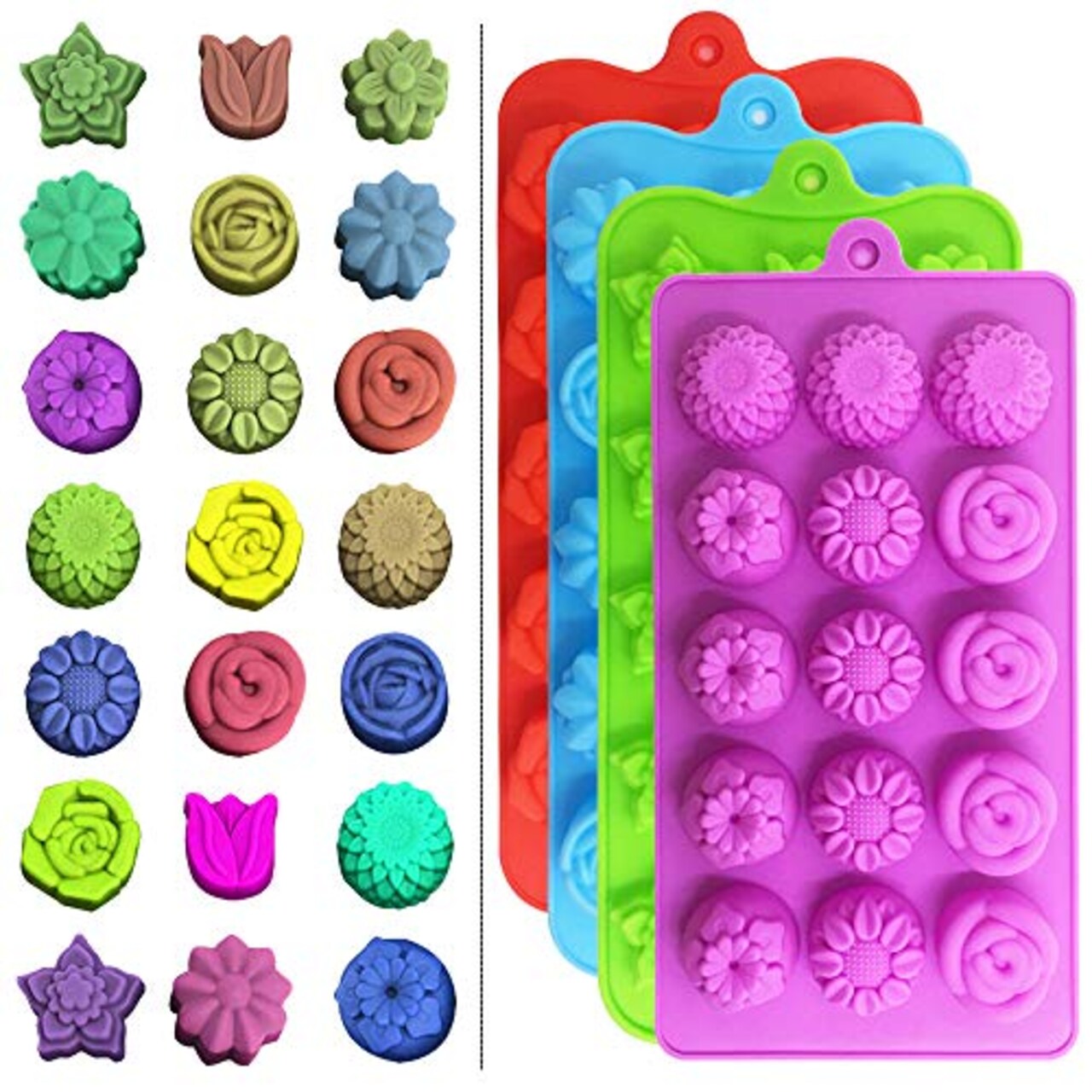 4 Pieces Flower Shape Chocolate Candy Molds Set,DanziX Silicone 15 Cavity Baking Mold Ice Cube Tray for Wedding,Festival,Parties and DIY Crafts-Green,Blue,Red and Purple